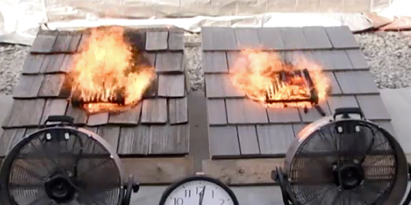 Plain cedar shingles on the left, DaVinci composite on the right, both tested against fire