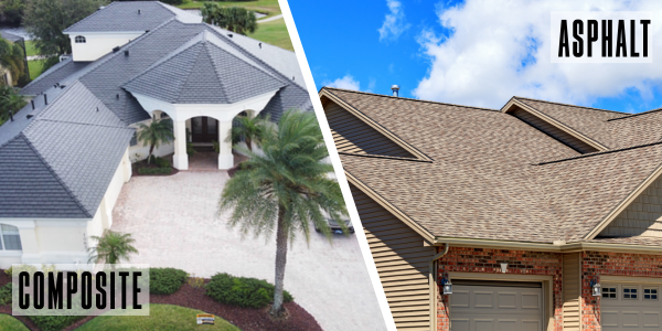 an image split in half, on one side is a black composite roof, on the other is a tan asphalt roof