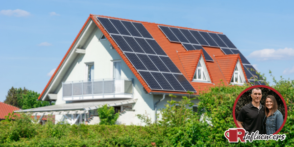 House with solar panels on it against a blue sky. Seth and Ashley’s headshot in the bottom right