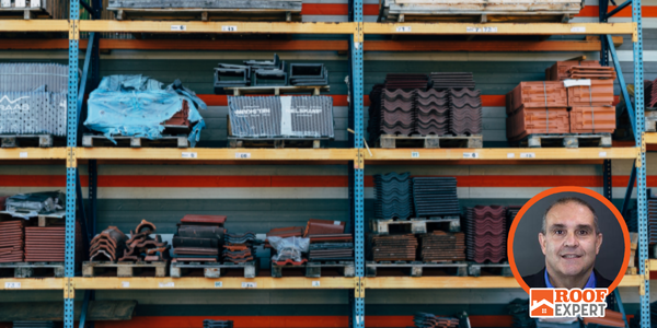 Image of a supply room with shelves of roofing materials, John Kenney’s headshot in the bottom right