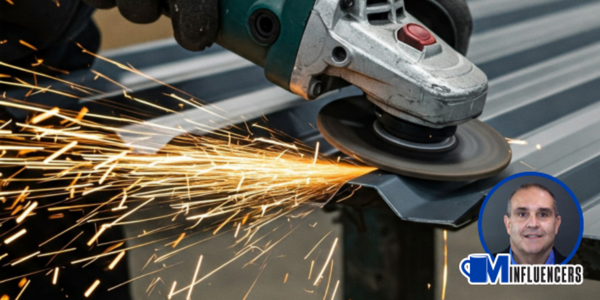 Image of a tool cutting metal, sparks flying. John Kenney’s headshot in the bottom right